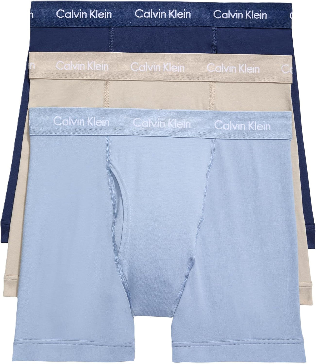 Men's cotton stretch boxer briefs, light blue with beige and navy waistbands