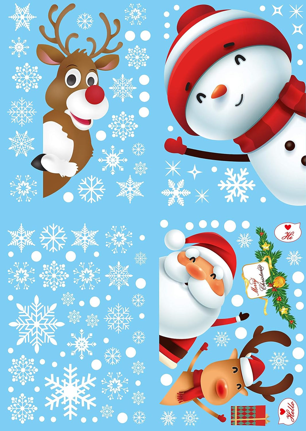 Christmas window sticker set sheet with Santa, reindeer, holly, and snowflake designs