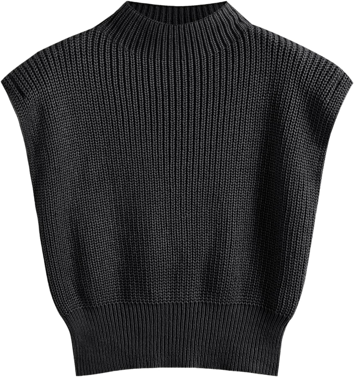 Women’s mock neck sleeveless sweater vest, black ribbed knit cap sleeves