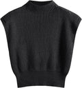 Women’s mock neck sleeveless sweater vest, black ribbed knit with sleeveless silhouette