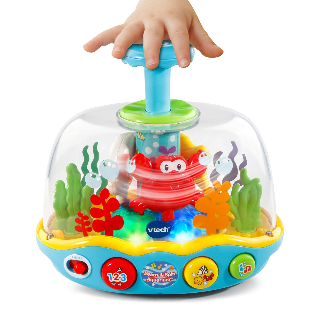 Spinning ocean adventure aquarium toy with hand on top button and red crab inside