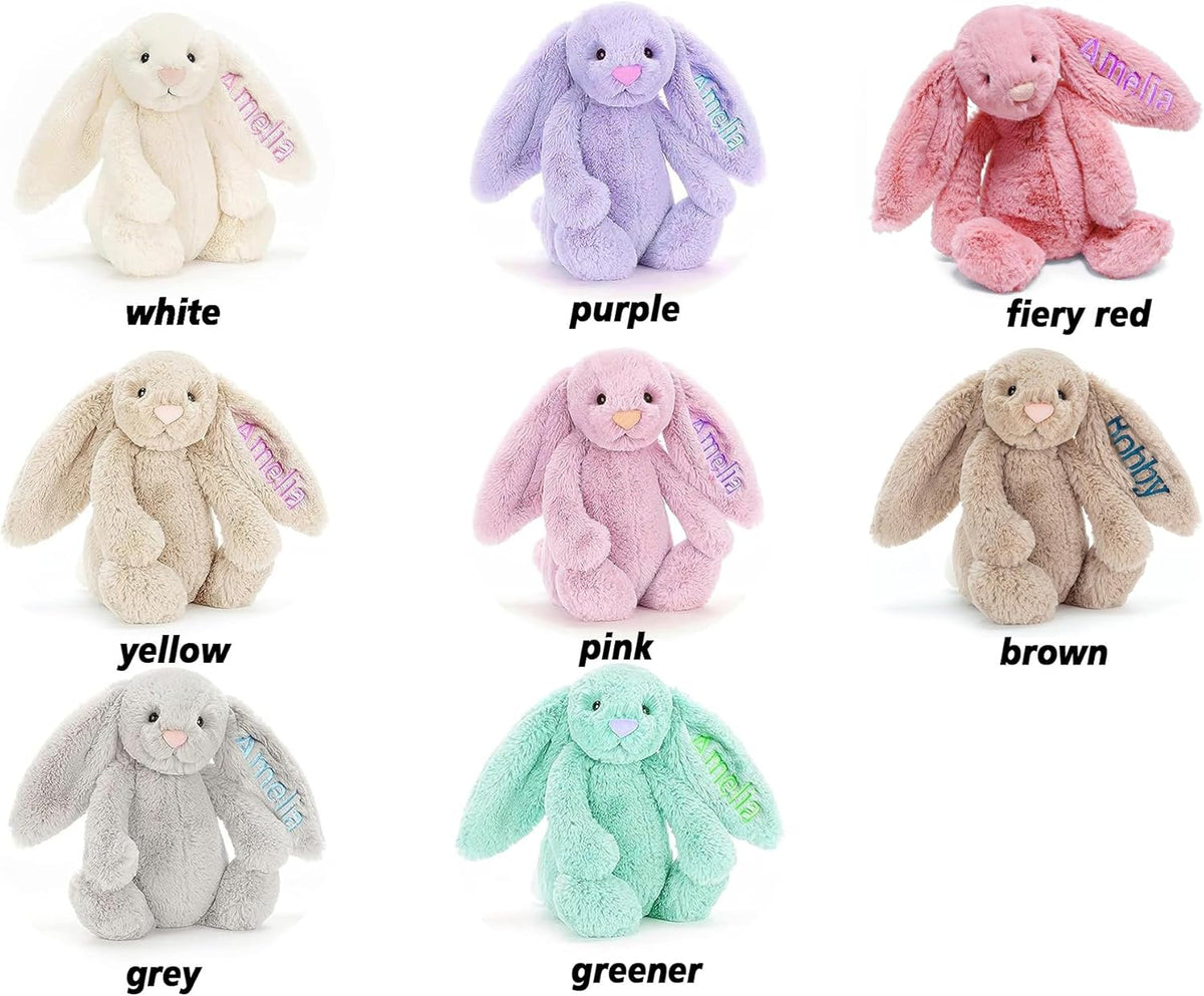 Assorted color plush rabbit stuffed toys with embroidered name on ear
