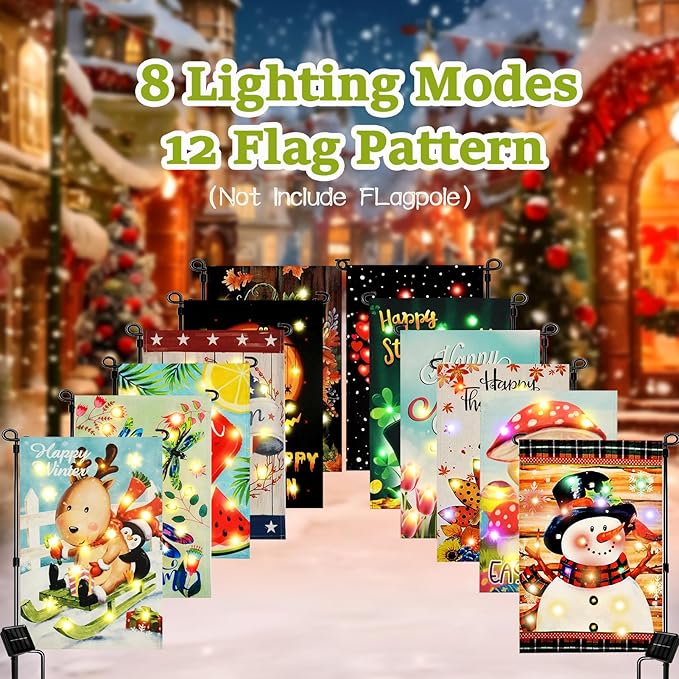 Lighted yard flags set showing multiple holiday patterns and 8 lighting modes