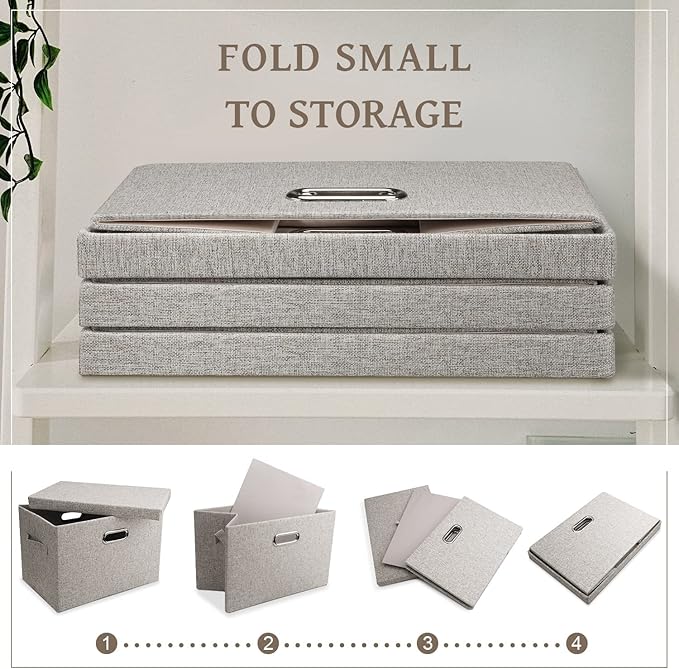 Beige foldable fabric storage bin with flat lid and top handle, stacked