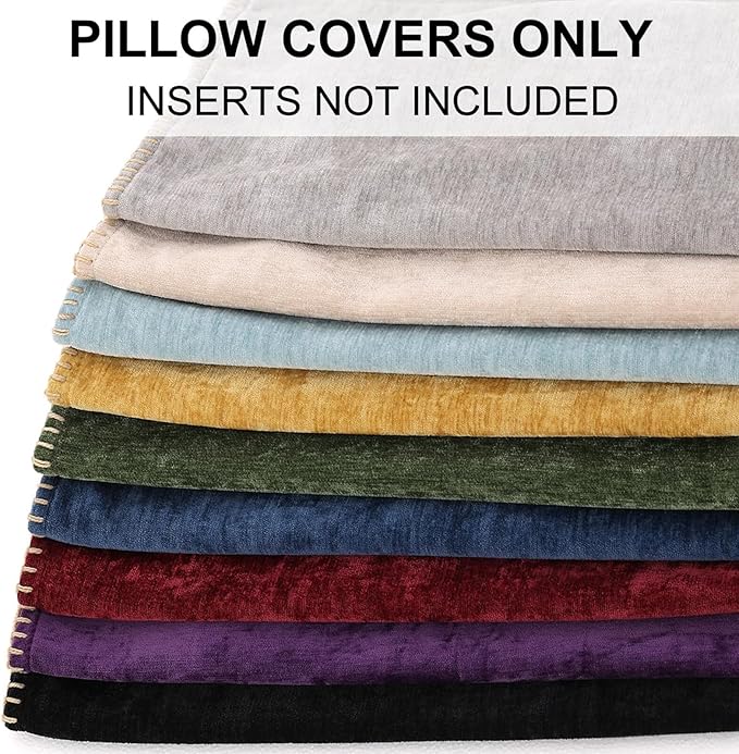 Stack of chenille pillow covers in multiple colors, including plum with stitched edges