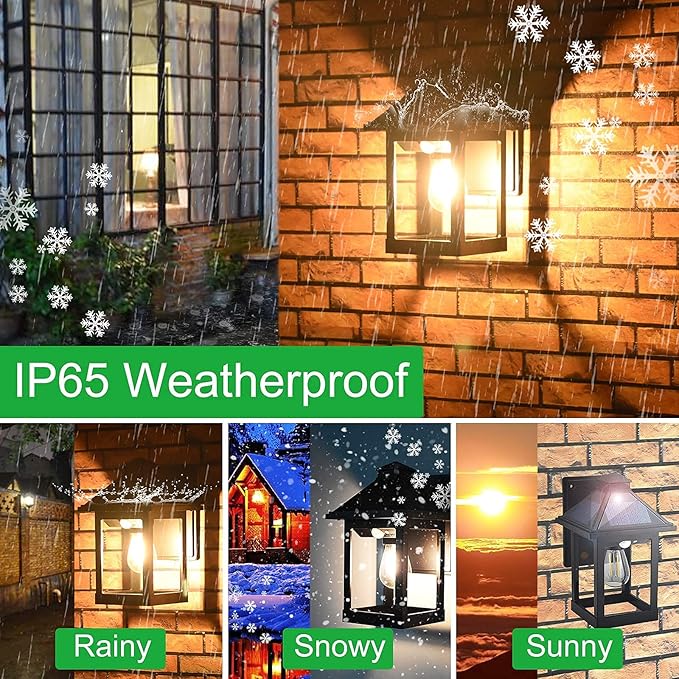 Weatherproof black solar wall lantern with lit bulb inside and clear glass panels