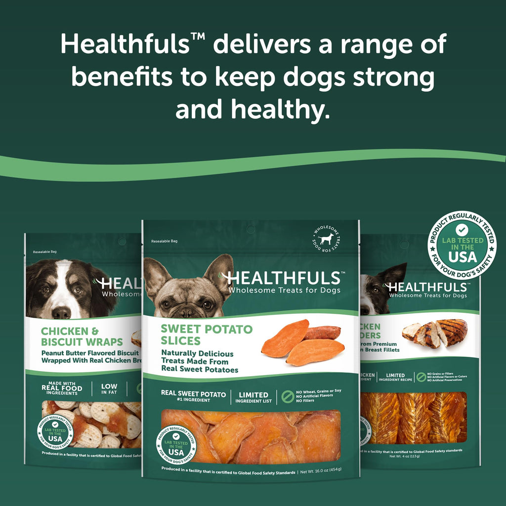 Assortment of Healthfuls dog treat bags including Sweet Potato Slices