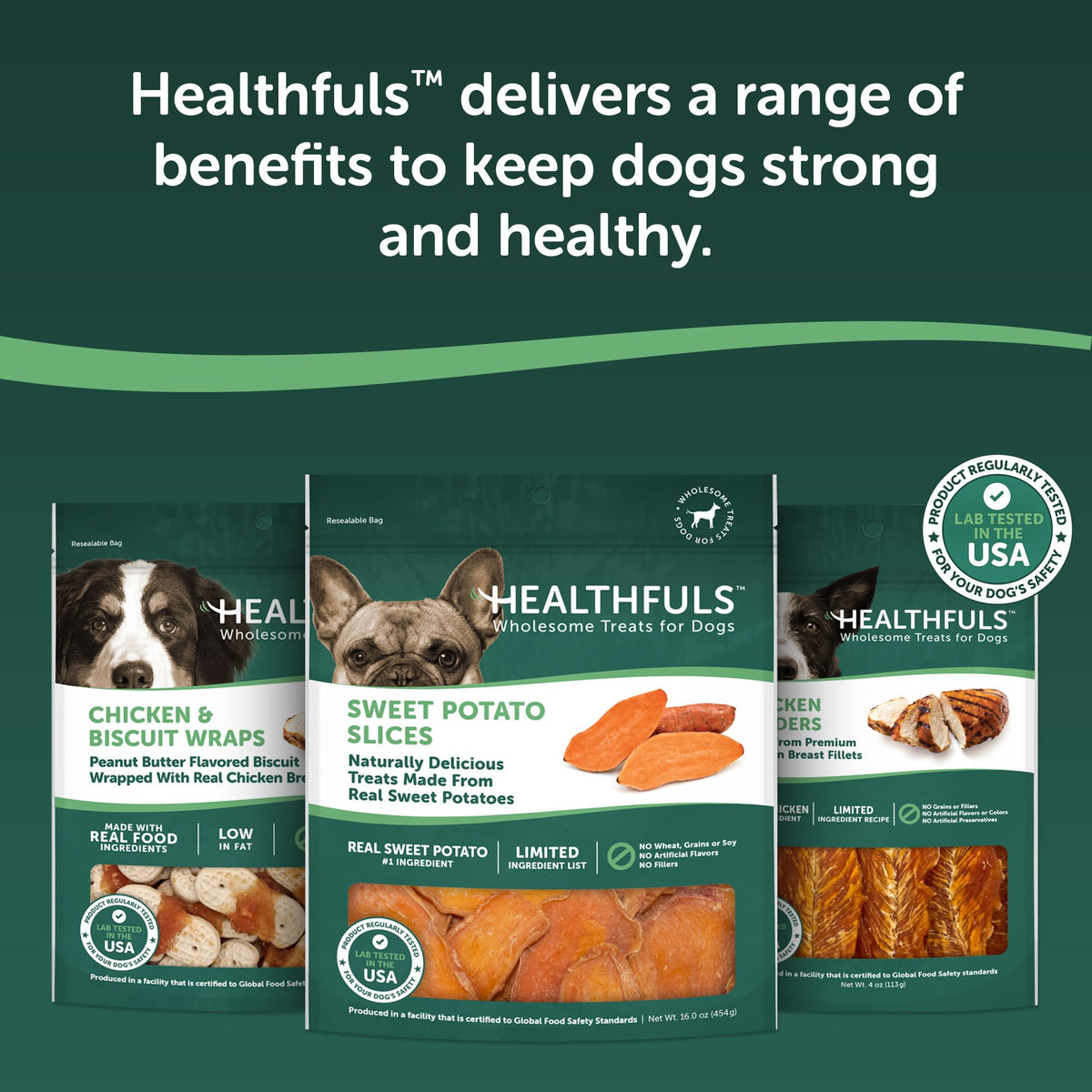 Assortment of Healthfuls dog treat bags including Sweet Potato Slices