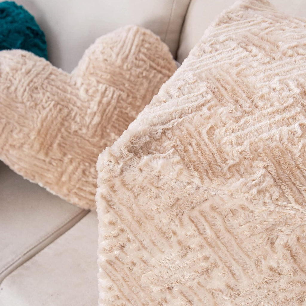 Champagne beige textured plush throw pillow, soft sherpa-like surface