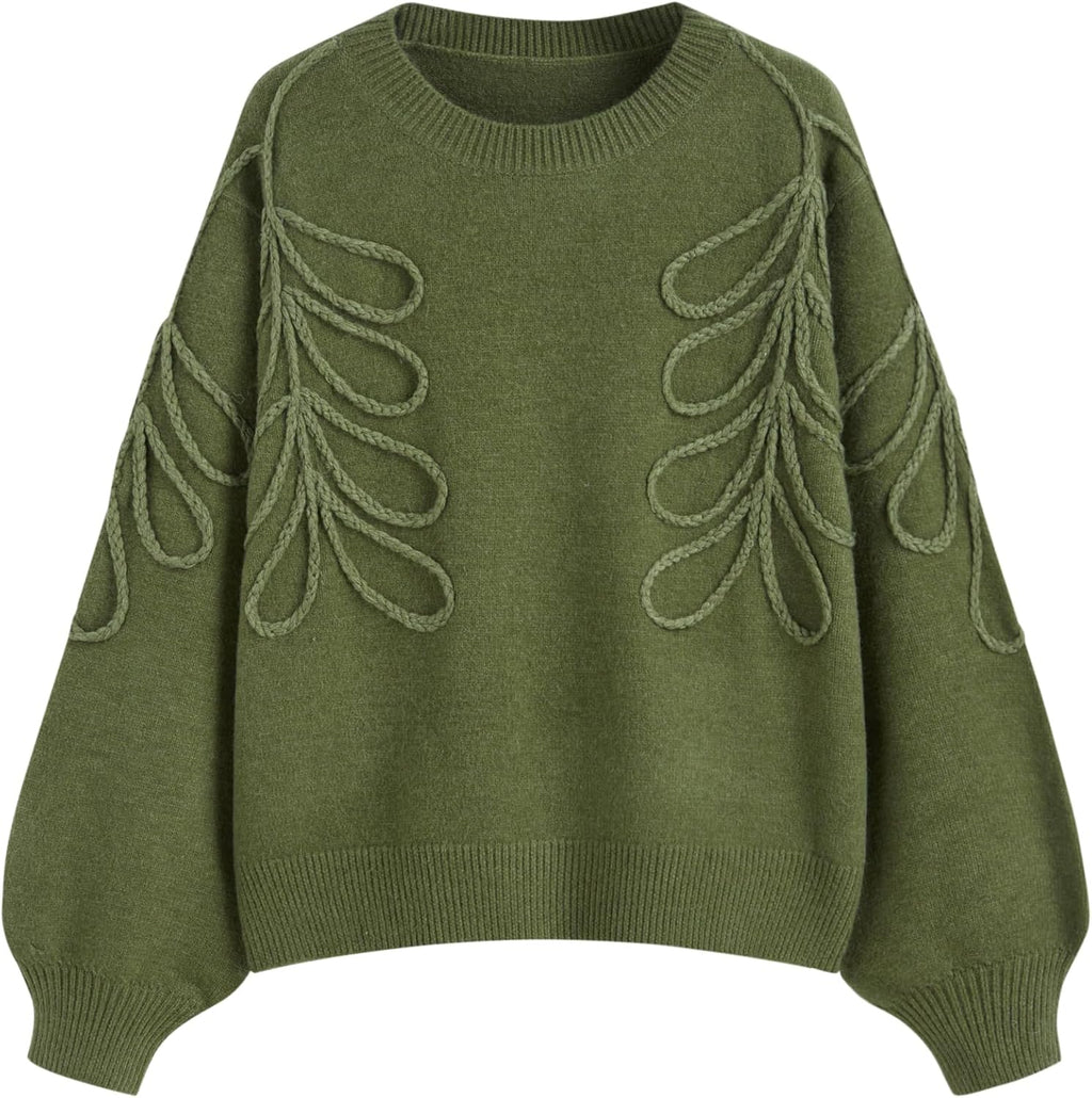 Oversized olive green knit sweater with round neck and looped leaf-style embroidery