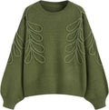 Oversized olive green knit sweater with round neck and looped leaf-style embroidery