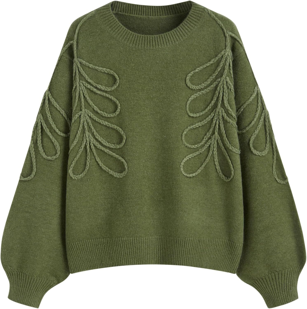 Oversized olive green knit sweater with round neck and looped leaf-style embroidery