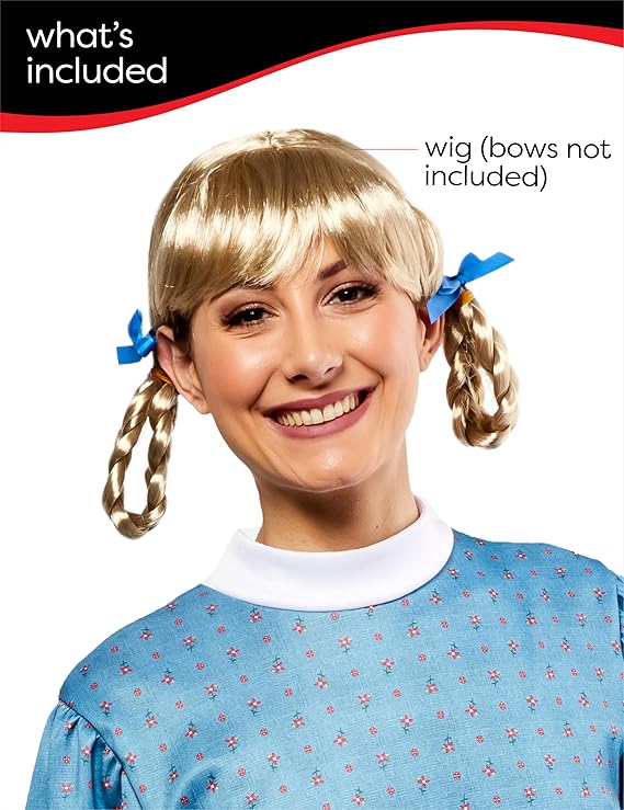 Blonde bob wig with side-swept bangs and two blue ribbon braided pigtails