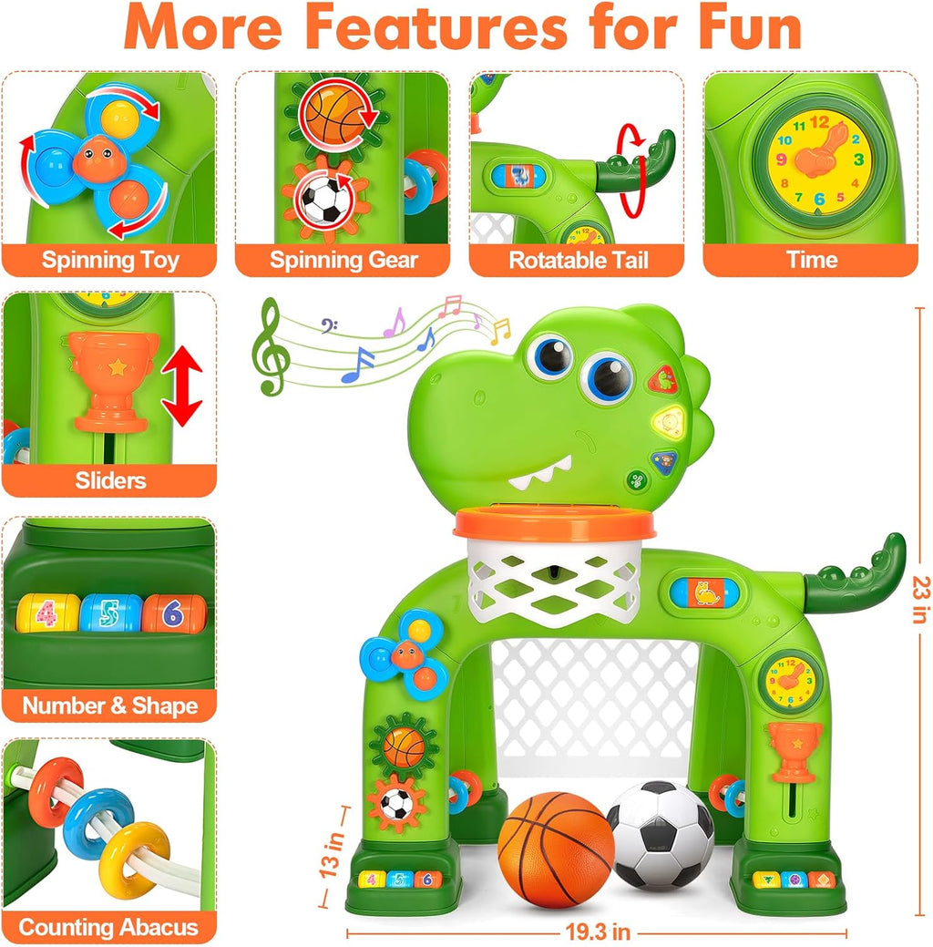 Green dinosaur basketball hoop with spinning slider gears, rotatable tail, and number bars