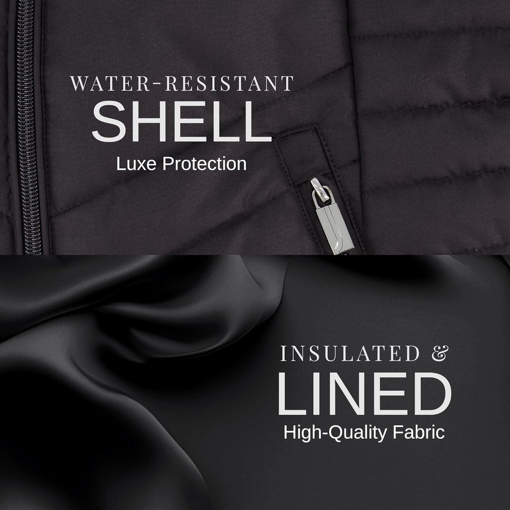 Black puffer jacket fabric with full-zip and metal zipper pull detail