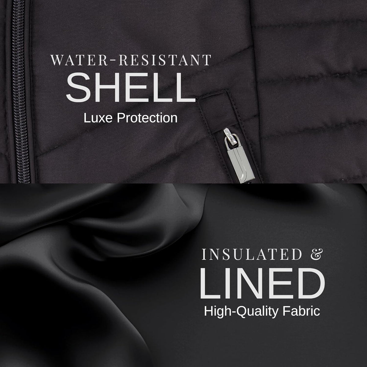 Black puffer jacket fabric with full-zip and metal zipper pull detail