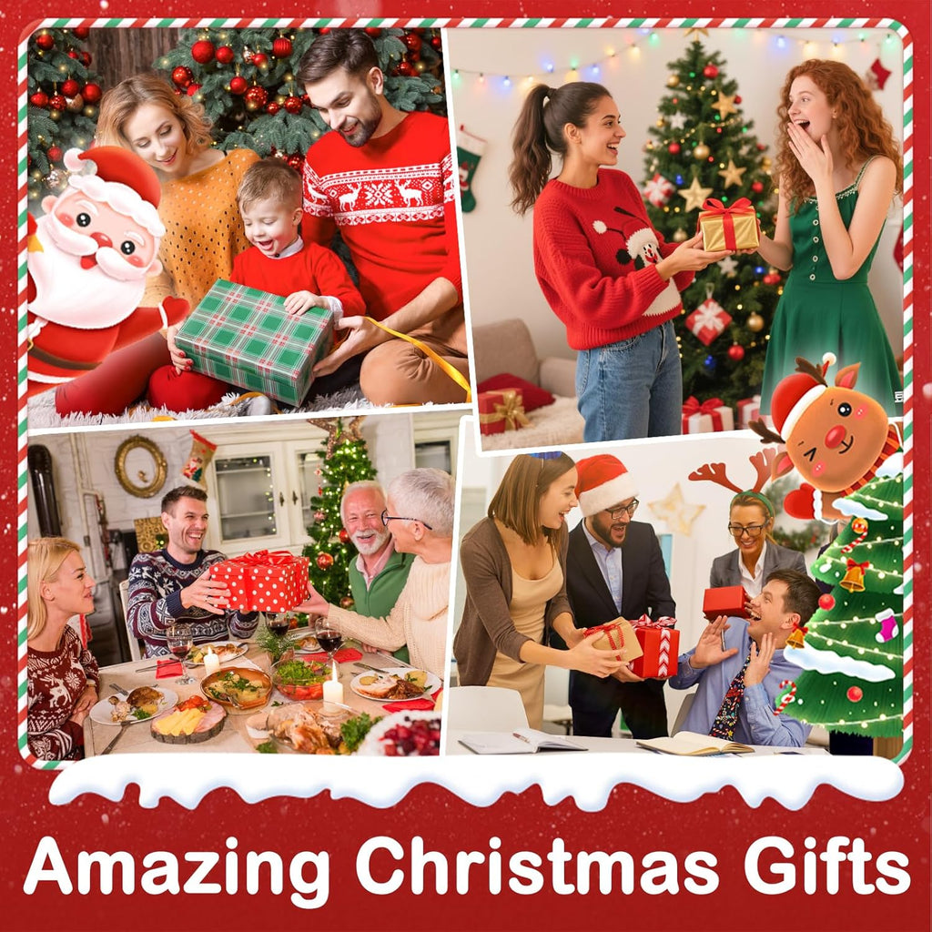 Christmas gift photo collage featuring festive train snow globe lantern graphics