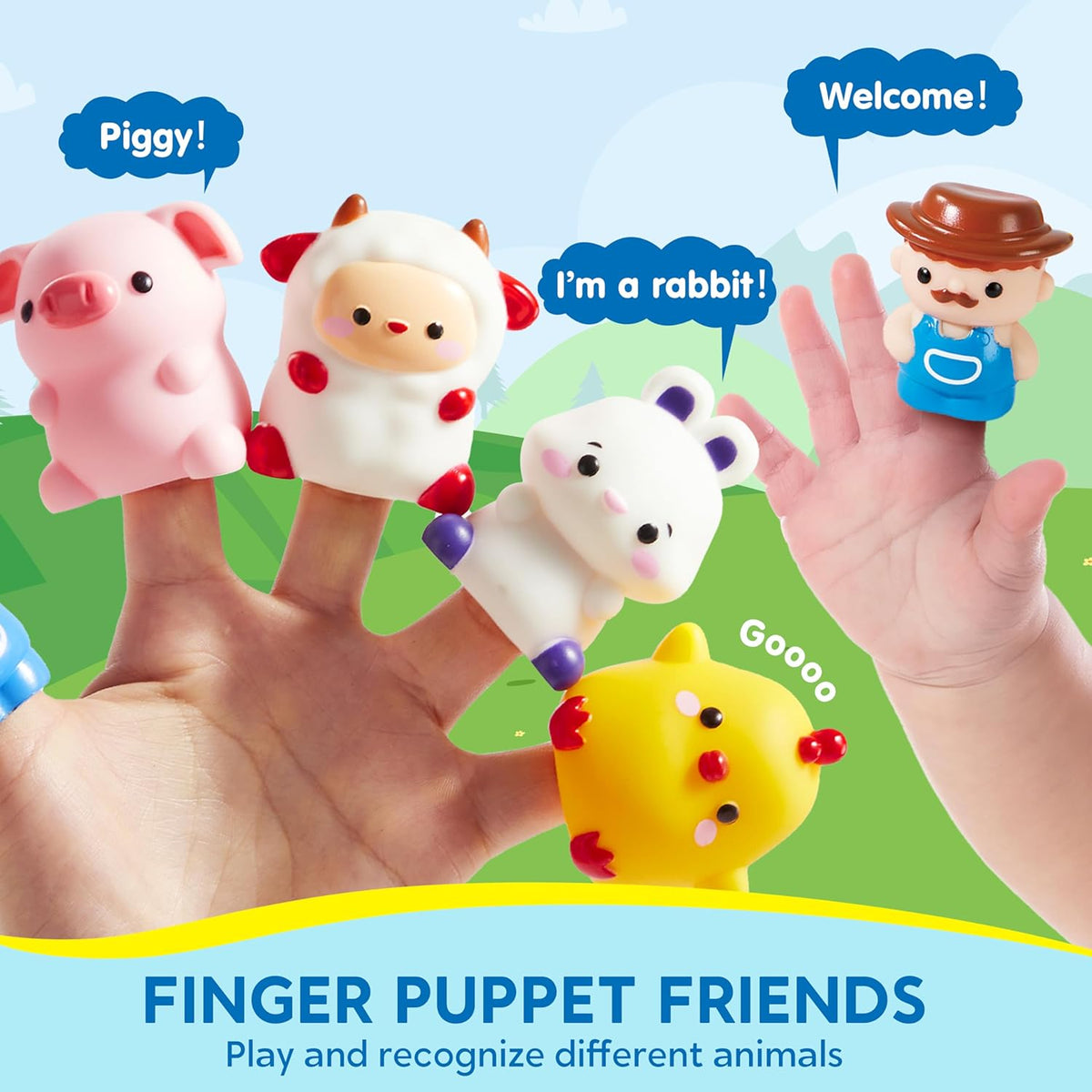 Farm animal finger puppets with smiling farmer and pig, for toddler role play