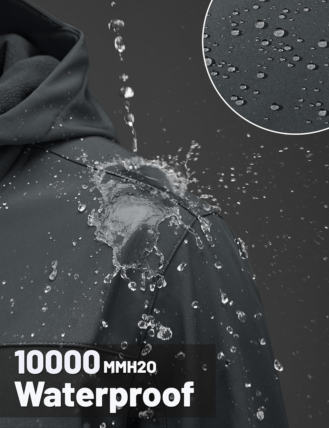 Waterproof jacket fabric with water droplets on dark surface