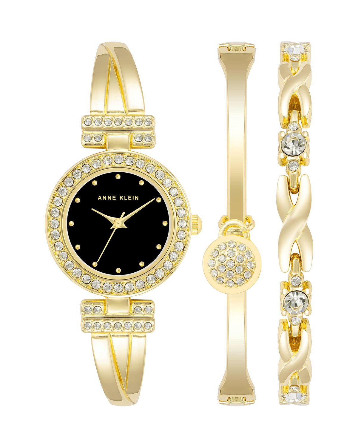 Crystal-accent bangle watch and bracelet set in gold tone with black dial.