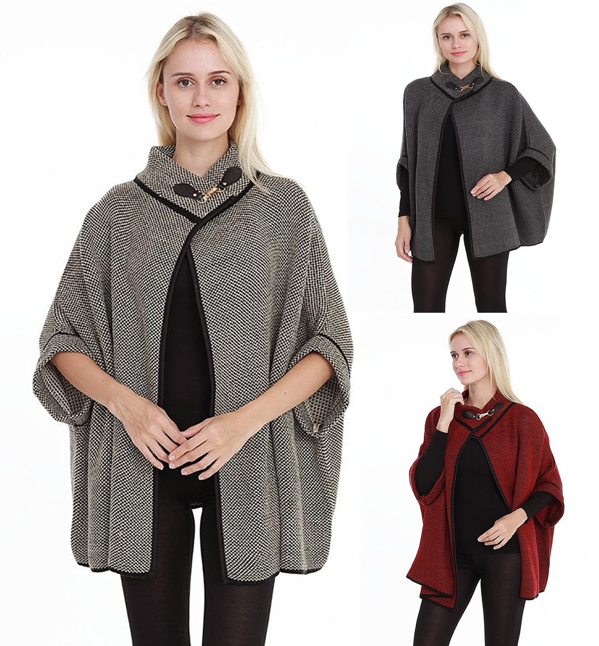 Two knit shawl cardigans: grey with black trim and burgundy with black trim