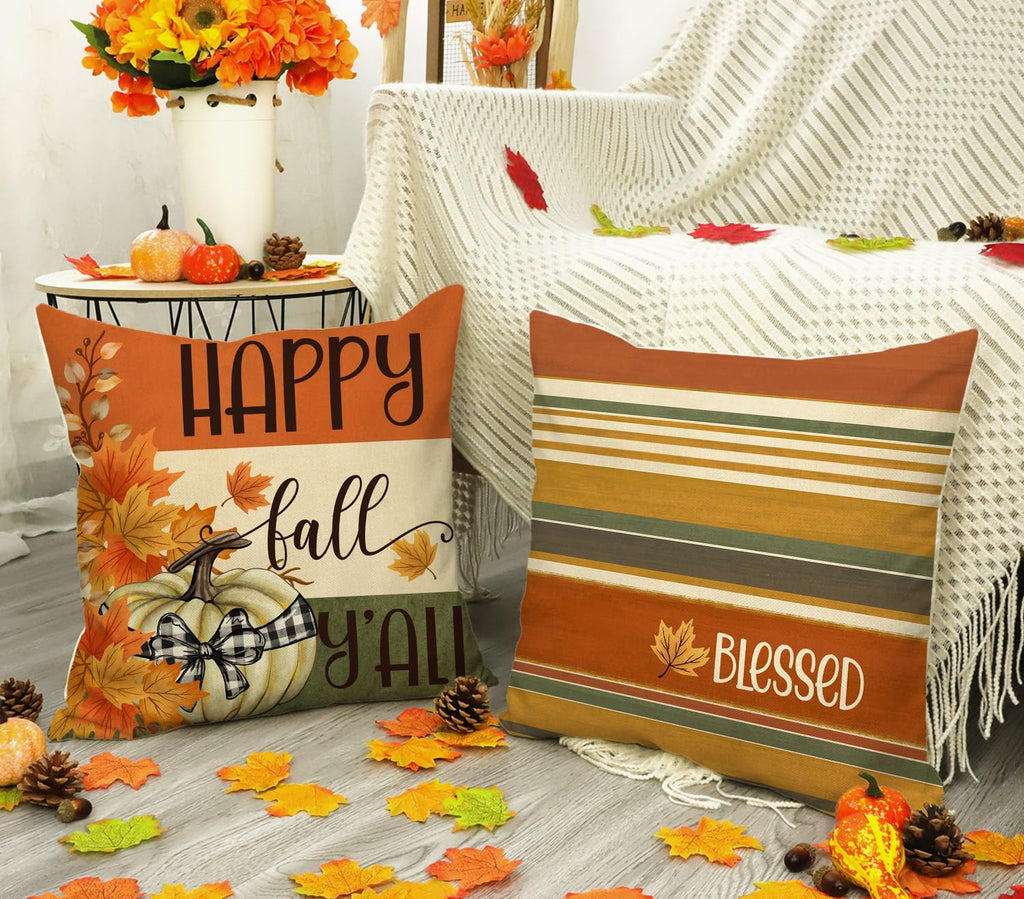 Orange fall pillow covers: happy fall y'all pumpkin and blessed striped design, set