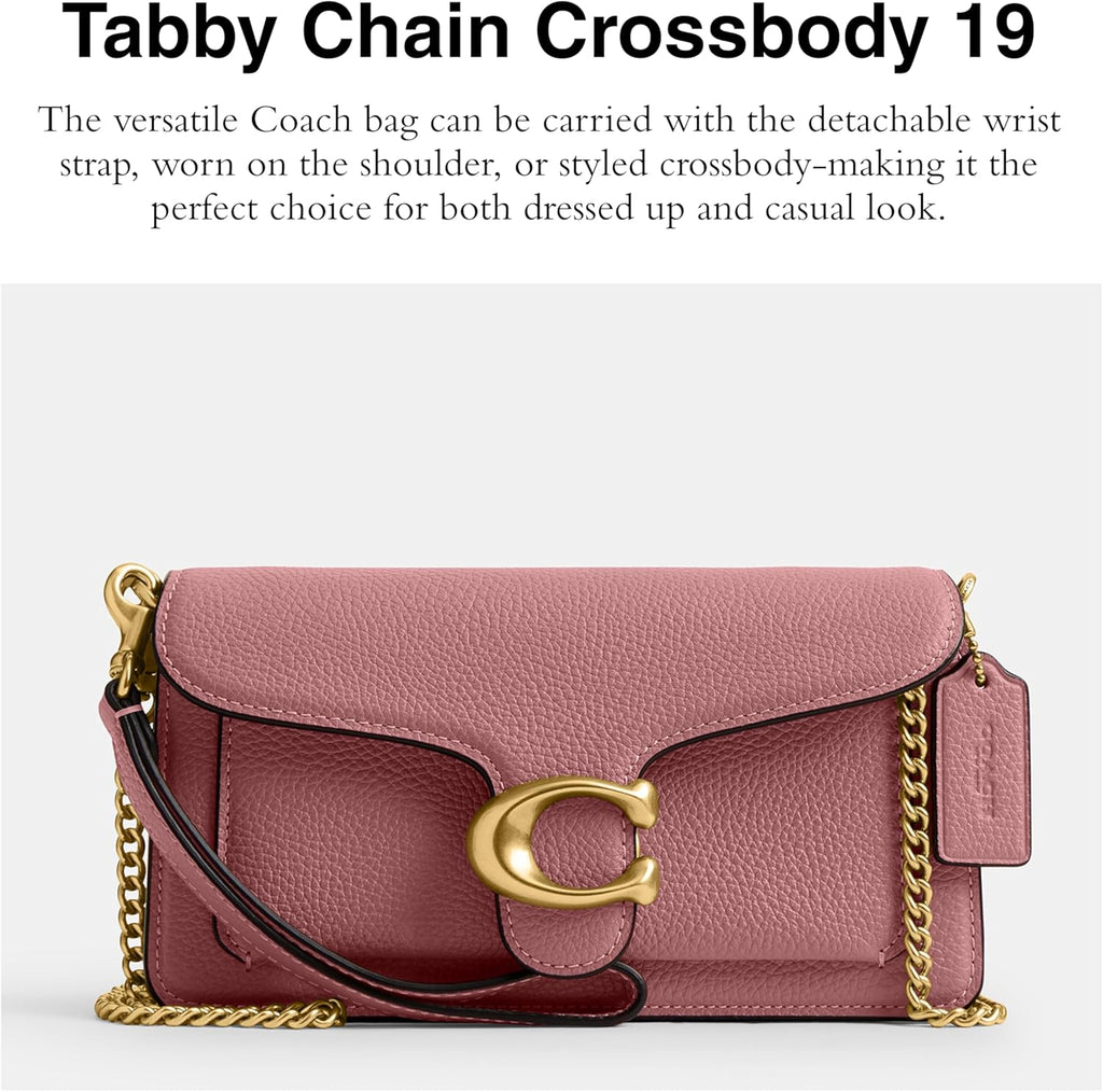 Rose pebbled leather crossbody bag with flap, Tabby C clasp, and gold chain strap