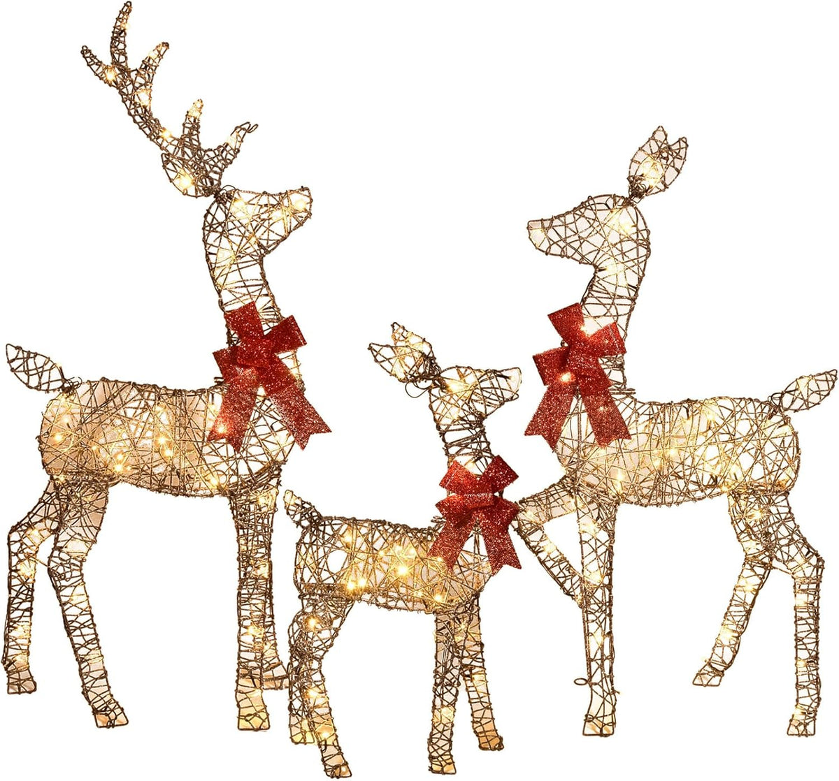 Gold wireframe lighted reindeer yard decoration set with red bows