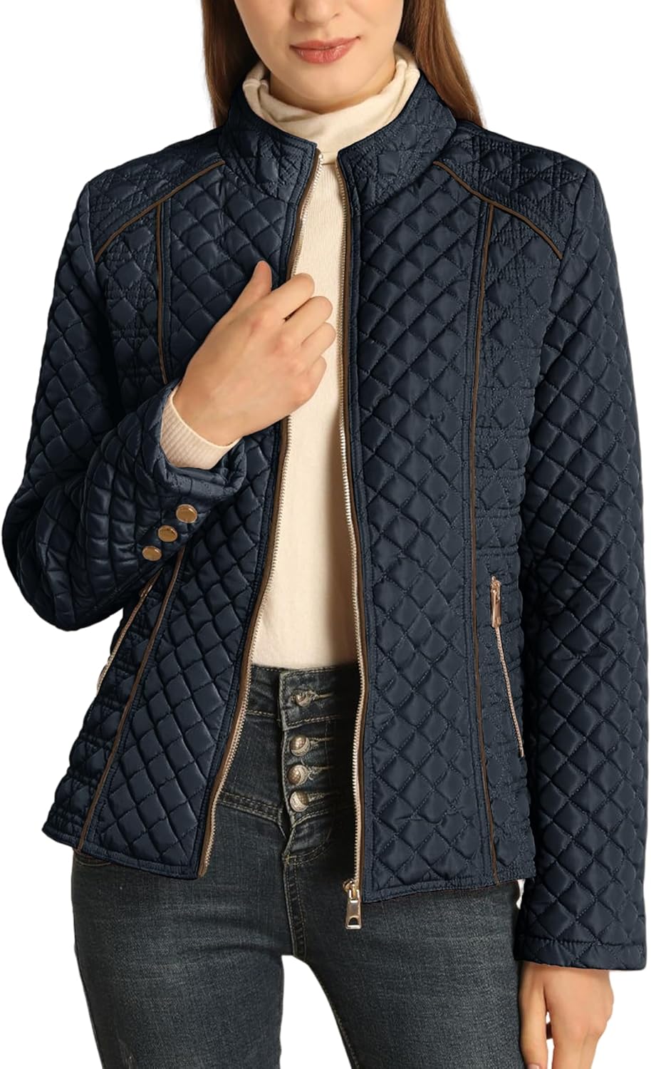 Women’s quilted puffer jacket with stand collar, front zipper, deep blue finish