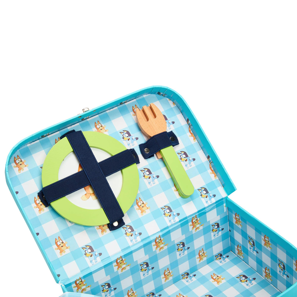 Wooden picnic basket interior with blue check lining, straps, and lime plate