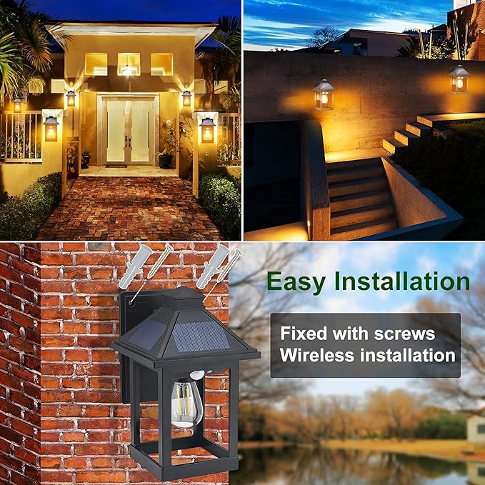 Black solar wall lanterns mounted along a porch wall with glass light housings