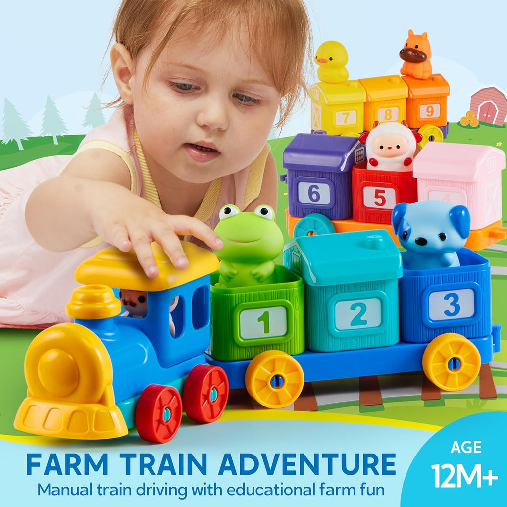 Toddler playing with colorful farm number train set with animal figures and numbered blocks