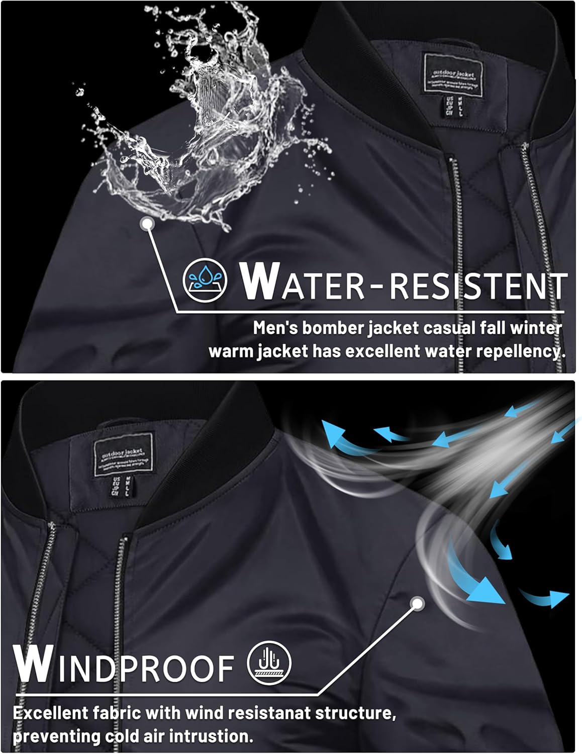 Men's black bomber jacket with full-zip front and stand collar, shown with protective fit
