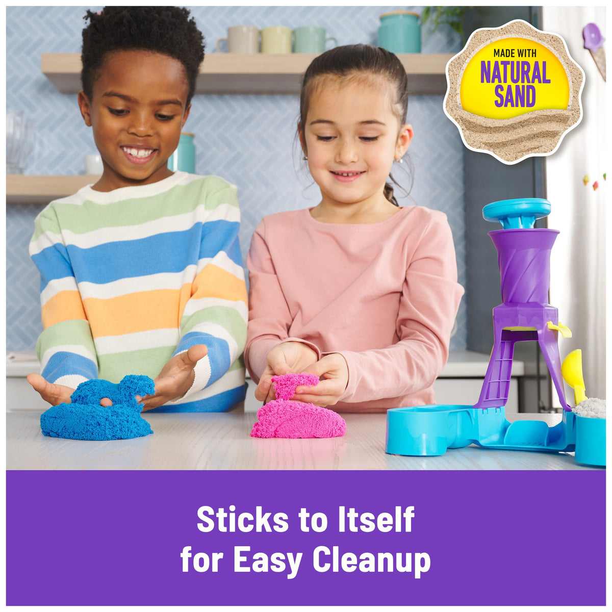 Kinetic sand station with purple funnel and blue tray, kids molding colorful sand