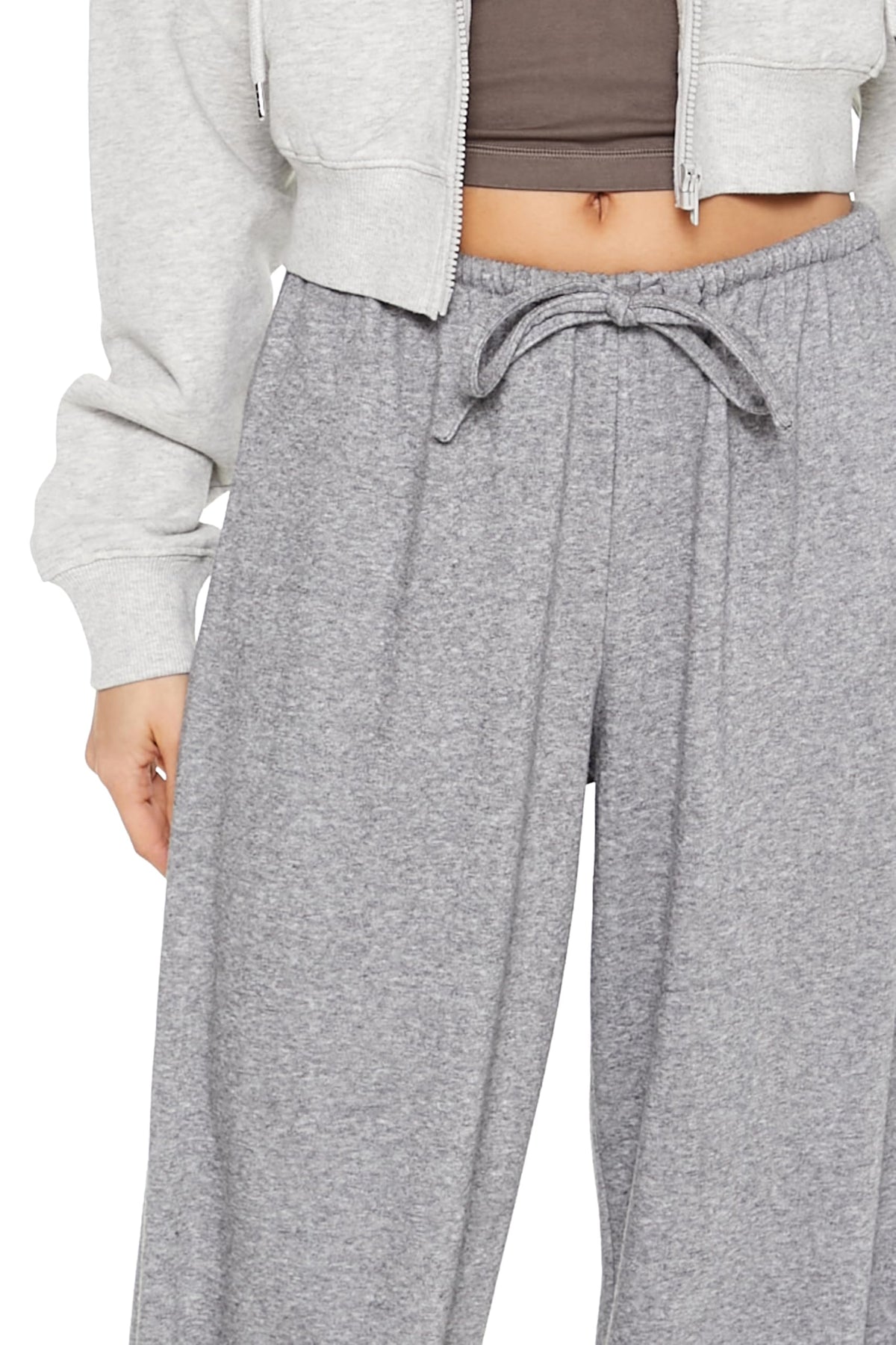 Dark grey ribbed knit pants with drawstring tie and elastic high-rise waistband