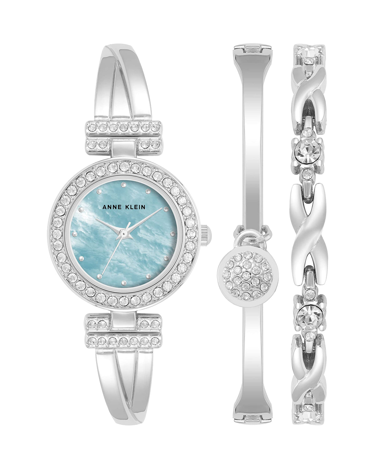 Crystal-accent bangle watch and bracelet set in silver tone with light blue dial.