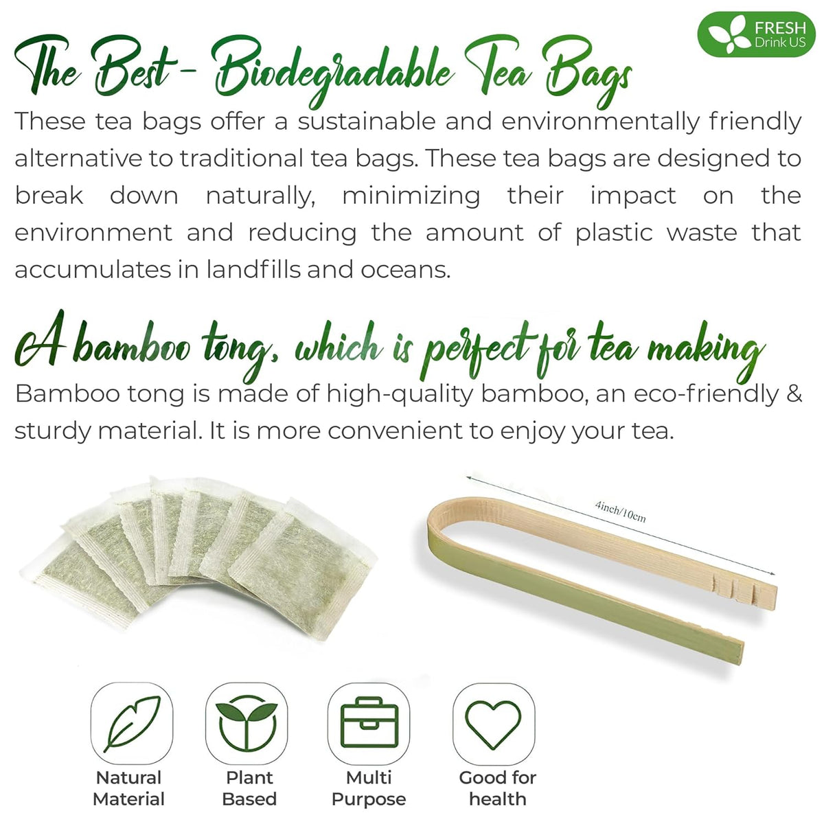 Biodegradable horsetail tea bags graphic with bamboo tongs and tea sachets