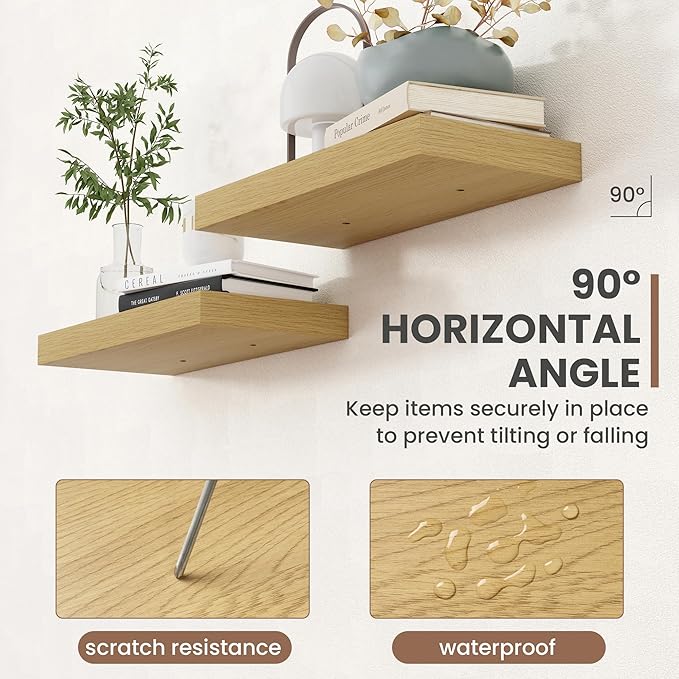 Oak horizontal floating shelves with visible 90-degree angle mounting support