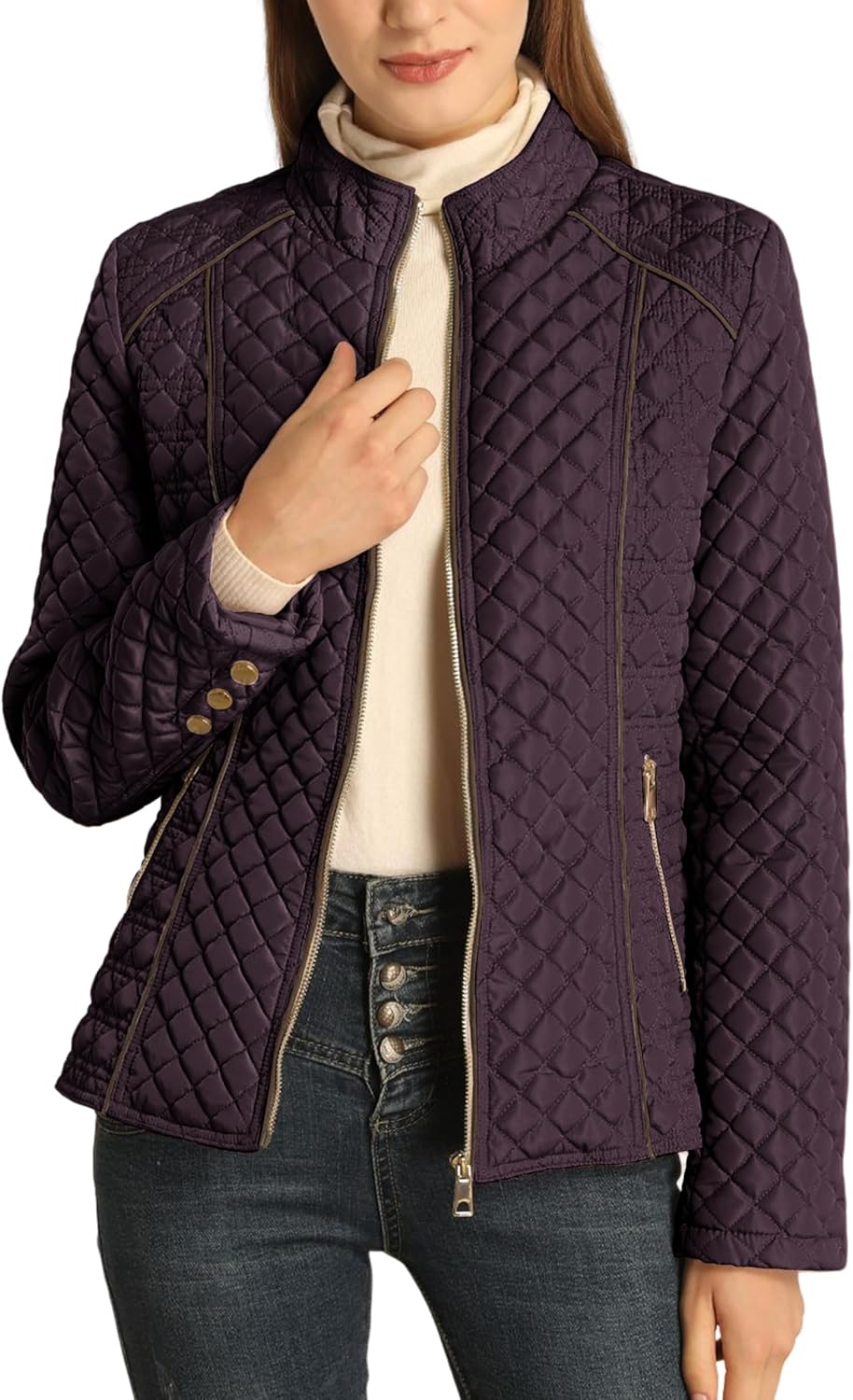 Purple quilted puffer jacket with stand collar, front zipper, zipper chest pocket