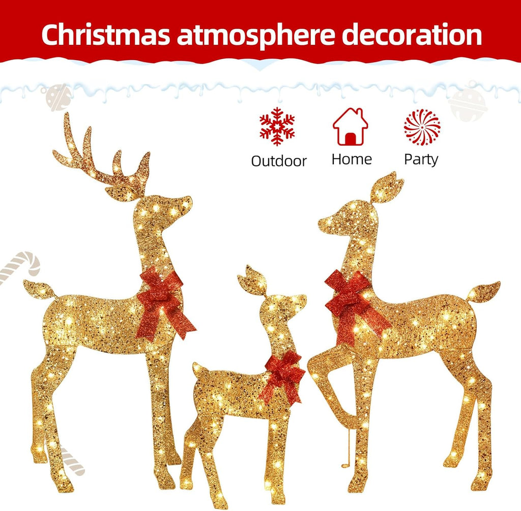 Gold glitter reindeer family decoration with red bows, three standing deer