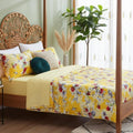 Yellow fitted and flat bed sheet set with hummingbirds and red floral print
