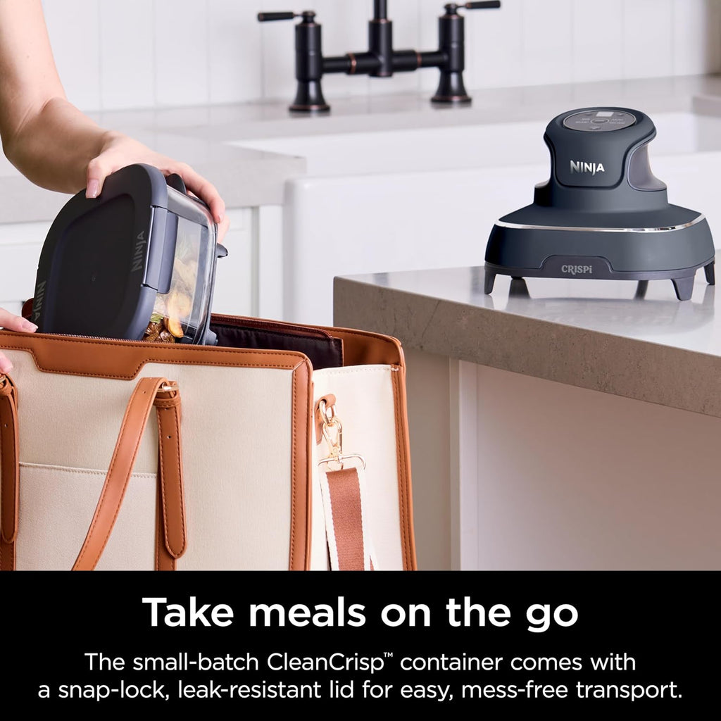 Portable Ninja Crispi air fryer with carry bag, showing easy transport of glass container