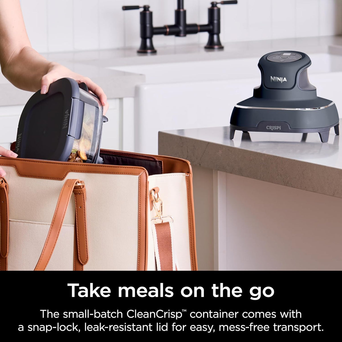 Portable Ninja Crispi air fryer with carry bag, showing easy transport of glass container