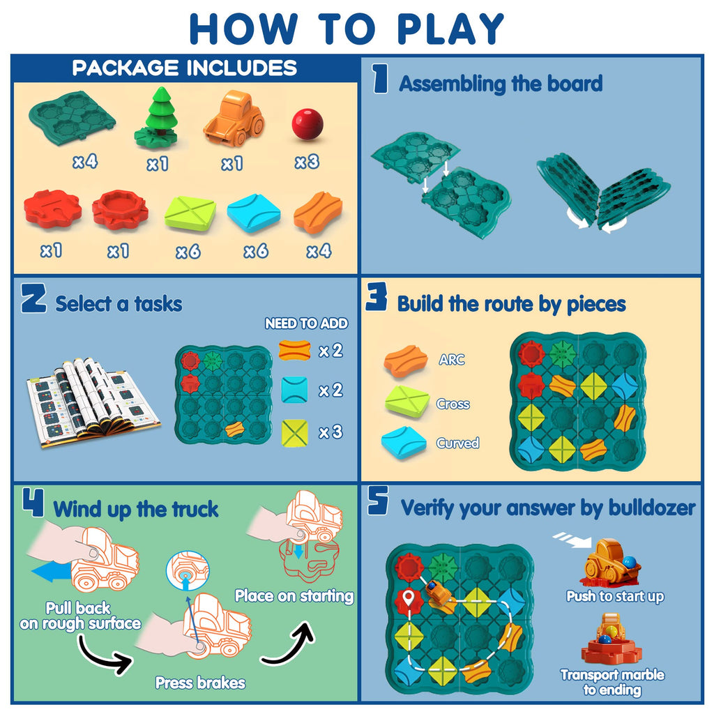 Logic puzzle board game set with instruction panel and included piece layout
