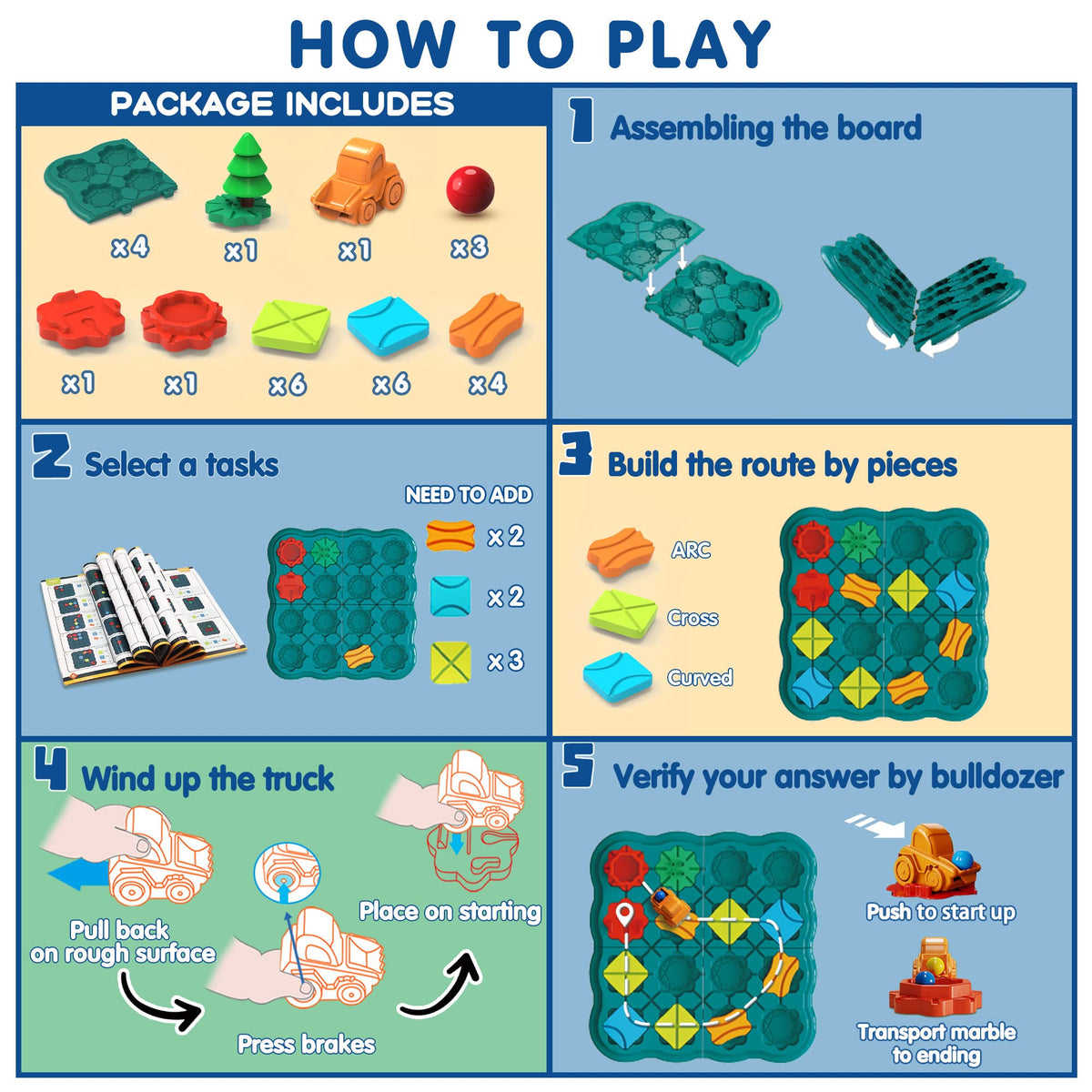 Logic puzzle board game set with instruction panel and included piece layout
