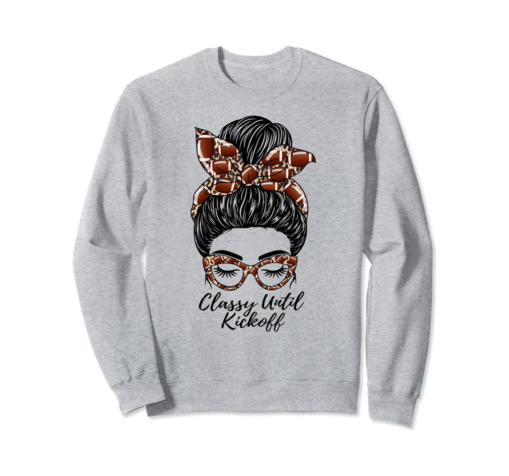 Grey crewneck sweatshirt with messy bun girl graphic and Kickoff text print