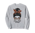 Grey crewneck sweatshirt with messy bun girl graphic and Kickoff text print