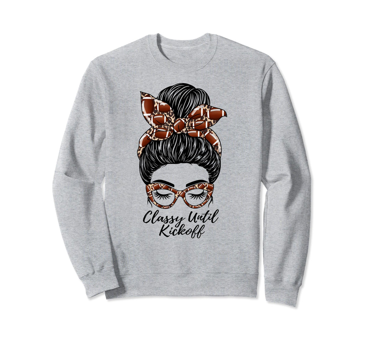 Grey crewneck sweatshirt with messy bun girl graphic and Kickoff text print