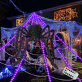 Halloween spider web LED lights with black spider silhouettes and purple glow