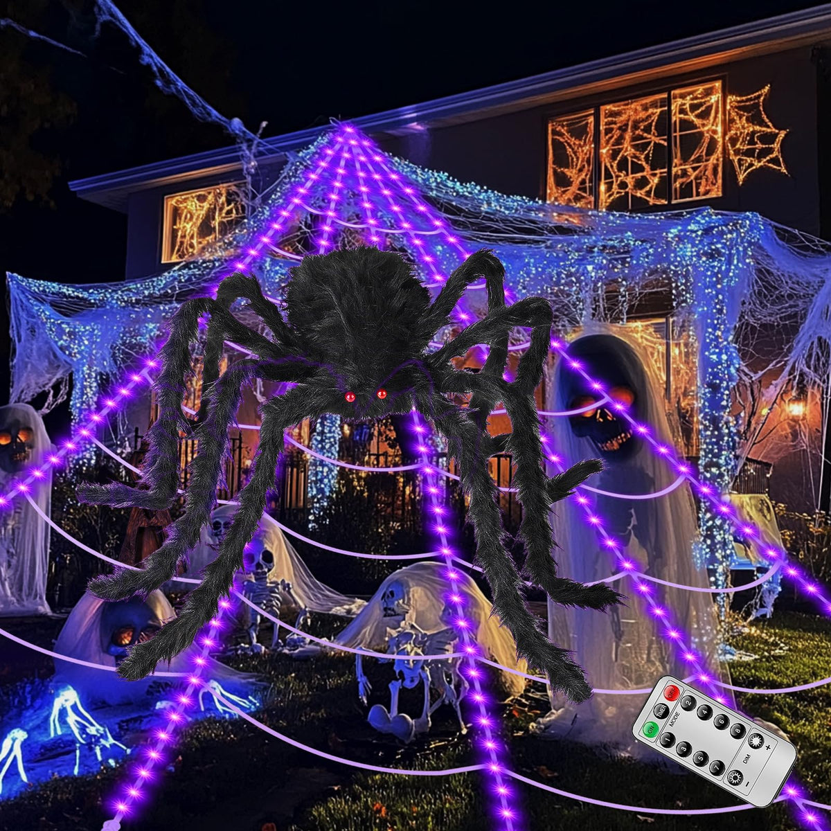 Halloween spider web LED lights with black spider silhouettes and purple glow